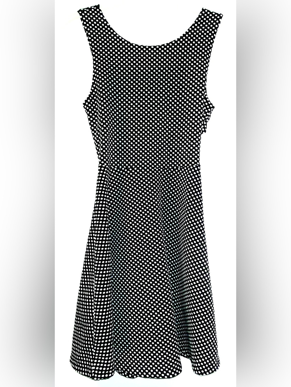 Monteau-Size S-Sleeveless Crew Neck Cross Back Blk+White Polka-dots Mini Dress